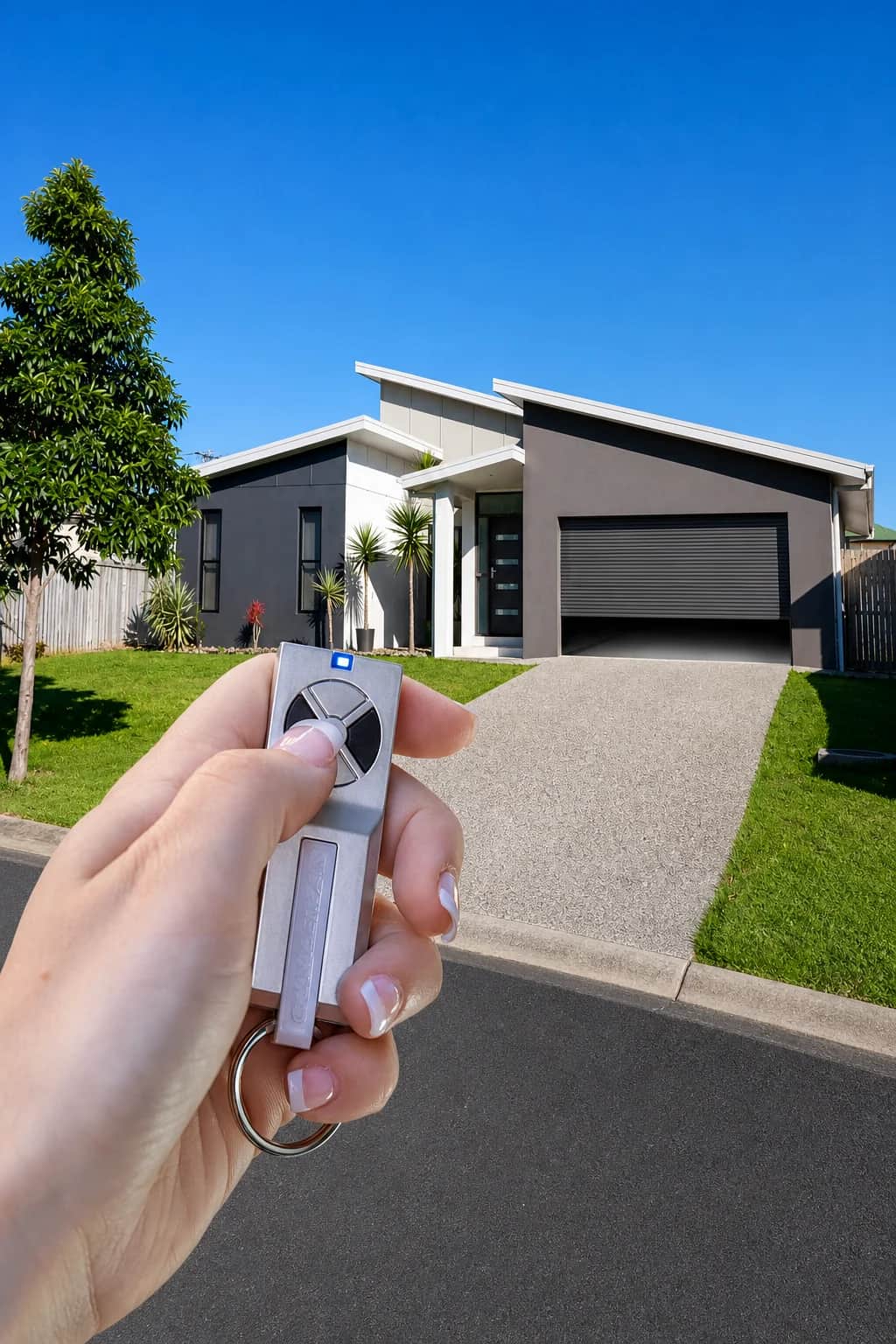 Garage door remote being used at a home