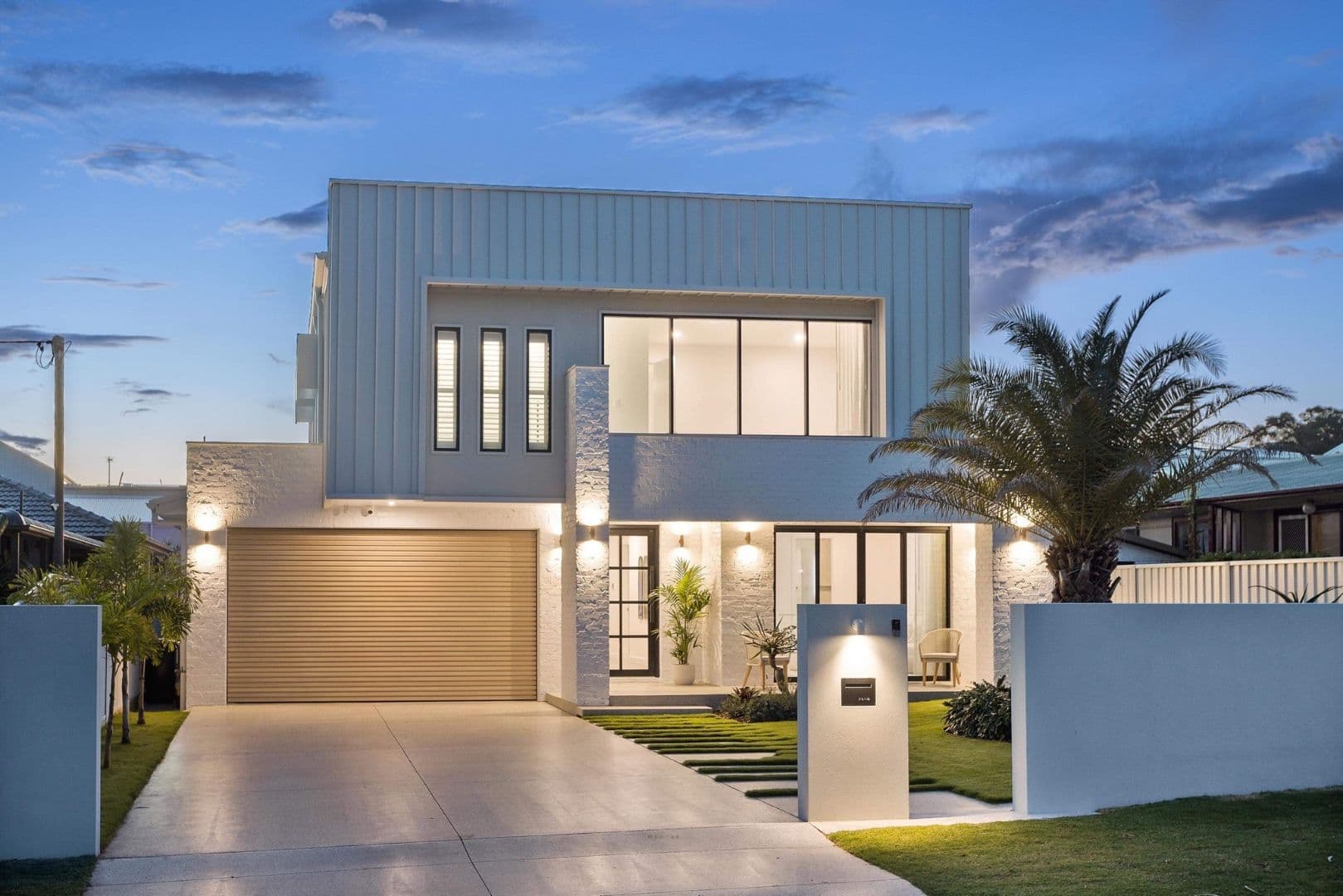 Modern home with a new garage door